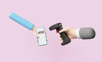 hands holding barcode scanner with mobile phone, smartphone isolated on pink background, 3d illustration or 3d render photo