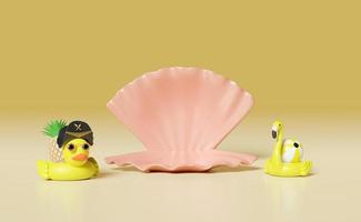 inflatable duck, flamingo with shell, pirate hat, pineapple, sunglasses isolated on yellow, abstract background. travel, shopping summer sale concept, 3d illustration or 3d render photo