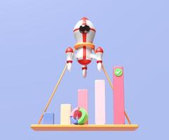 3D charts and graph with rocket, checkmark, analysis business financial data, Online marketing isolated on purple background. business growth, strategy concept, 3d render illustration, clipping path photo