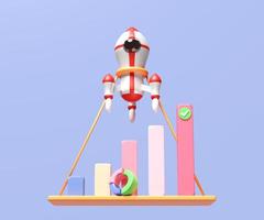 3D charts and graph with rocket, checkmark, analysis business financial data, Online marketing isolated on purple background. business growth, strategy concept, 3d render illustration, clipping path photo