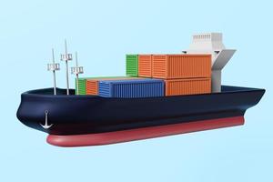 Cargo ship with container in ocean transportation isolated on blue background. shipping freight sea or Maritime shipping Concept, 3d illustration or 3d render, clipping path photo