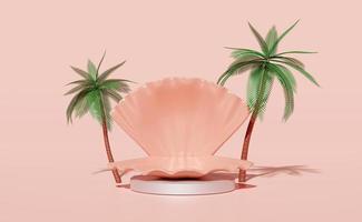 cylinder stage podium empty with shellfish,coconut palm tree isolated on pink background.modern stage display,minimalist mockup,abstract showcase background ,Concept 3d illustration,3d render photo