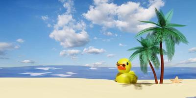 Beach with palm tree,seaside,yellow duck,starfish,sunglasses isolated on blue sky background.summer travel concept,3d illustration or 3d render photo