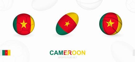 Deportes íconos para fútbol, rugby y baloncesto con el bandera de Camerún. vector