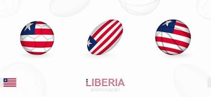 Deportes íconos para fútbol, rugby y baloncesto con el bandera de Liberia. vector