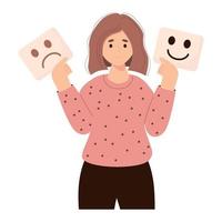 Emotion, searching identity. Cute girl trying on masks with happy or sad expressions. Vector illustration in flat cartoon style. Psychology, mood changes, personality concept.