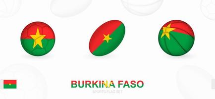 Deportes íconos para fútbol, rugby y baloncesto con el bandera de burkina Faso. vector