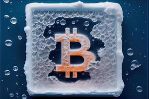 generativo ai ilustración de congelado bitcoin, frío y nieve. poco moneda símbolo en hielo y nieve foto