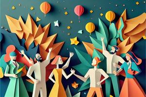 generativo ai ilustración de personas en nuevo años víspera fiesta fondo, hombres y mujer celebrando Días festivos juntos, ir de fiesta, aplausos y baile. papel cortar artesanía, 3d papel ilustración estilo. foto