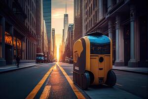 generativo ai ilustración de el futuro de entrega tecnología con autónomo mensajero robots en bullicioso urbano paisajes, un entrega robot como bien como autónomo entrega carros creado por un negocio foto