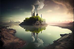 illustration of landscape with ecological disaster. Polluted earth and ocean photo