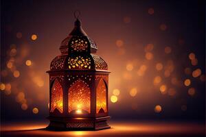 illustration of Muslim Holy Month Ramadan Kareem Arabic Lantern with bokeh, Neon light and lantern displayed on stages with glowing light in the evening. Wallpaper and banner background. photo