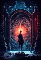 illustration of man in front of portals to fantasy dimensions that radiate power and energy, dramatic, saturated, high contrast, powerful, glowing edges. game and dream concept. photo