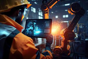 illustration of a real time monitoring system's software, manager engineers inspect and operate automation robot arms machines in intelligent factories, robots welding photo