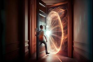 illustration of traveling through the door of the future with the speed of light photo