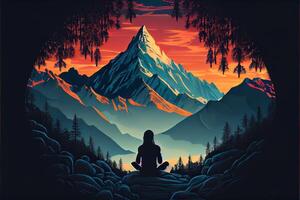 illustration of woman meditating in the mountains photo