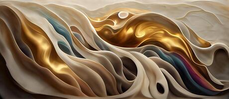 illustration of abstract fluid composing waves of varying sizes and colors is divided into layers, taupe, ivory, white, beige, and soft gold colors, gold glitter photo