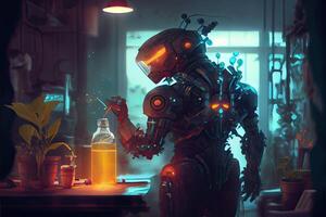 illustration of humanoid robot working in research laboratory. Artificial intelligence, automation of science, studio lighting, fantasy composition, cyberpunk photo