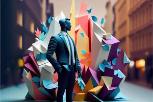 Business man in the city background, colorful. Business handshaking, successful concept. Paper cut craft, 3d paper illustration style. Neural network generated art. photo