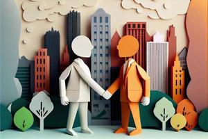 Business man in the city background, colorful. Business handshaking, successful concept. Paper cut craft, 3d paper illustration style. Neural network generated art. photo