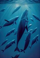 generativo ai ilustración de bajíos de azul ballenas debajo agua, Oceano foto