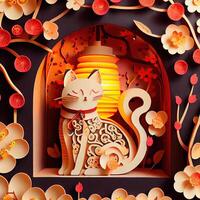 illustration of Paper cut craft, quilling multi dimensional Vietnamese style, cute zodiac kitty cat with lanterns in background, chinese new year. 3d paper illustration style. photo