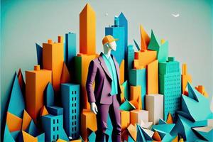 Business man in the city background, colorful. Business handshaking, successful concept. Paper cut craft, 3d paper illustration style. Neural network generated art. photo