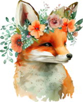 Cute Fox With Flowers Watercolor Illustration png