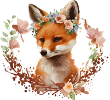 Cute Fox With Flowers Watercolor Illustration png