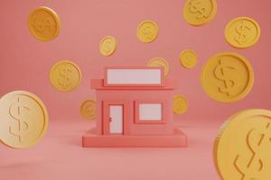 3d render gold coin falling around shop store on red background, financial 3d model background photo