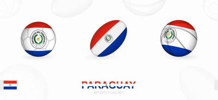 Deportes íconos para fútbol, rugby y baloncesto con el bandera de paraguay vector