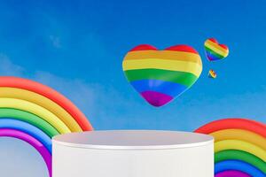 Rainbow on top of a product stand. 3d render photo