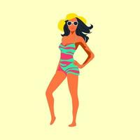 Beautiful young woman in hat. Girl in swimsuit is sunbathing under summer sun. Flat vector illustration isolated background