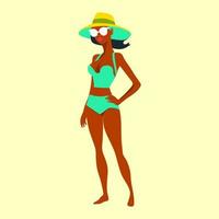 Beautiful young woman in hat. Girl in swimsuit is sunbathing under summer sun. Flat vector illustration isolated background