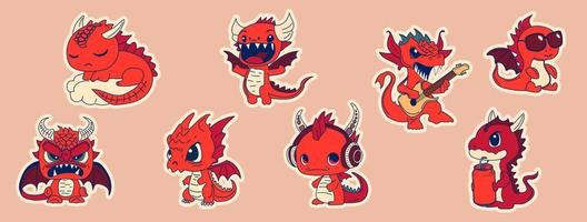 Set of Vector Stock Illustration isolated Emoji characters cartoon dragon dinosaur laughs sticker emoticon for site, info graphics, video, animation, websites, mail, newsletters, reports, comic