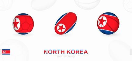 Deportes íconos para fútbol, rugby y baloncesto con el bandera de norte Corea. vector