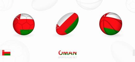 Deportes íconos para fútbol, rugby y baloncesto con el bandera de Omán. vector