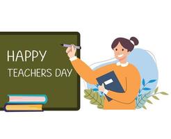 world happy teachers day. female teacher standing in front of blackboard vector