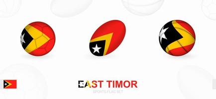 Deportes íconos para fútbol, rugby y baloncesto con el bandera de este Timor. vector