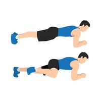 Man doing Abdominal exercise position introduction with Plank Knee to Elbow in 2 step for guide. Flat vector illustration isolated on white background