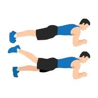 Exercise guide by Man doing Plank leg raises in 2 steps. Flat vector illustration isolated on white background