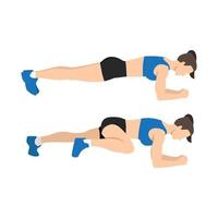 Woman doing Abdominal exercise position introduction with Plank Knee to Elbow in 2 step for guide. Flat vector illustration isolated on white background