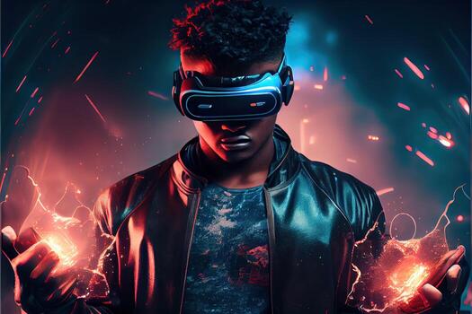 illustration of an enthusiastic young men wearing virtual reality goggles is inside the metaverse. Metaverse concept and virtual world elements. Neural network art photo