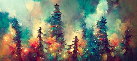 illustration of Abstract fantasy festive christmas tree background header wallpaper, winter abstract landscape. Christmas scene. Banner header. Digital art. photo