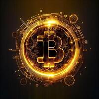 illustration of bit coin bioluminescence, vibrant, dreamy, crepuscular rays, cyberpunk Bitcoin sign with a universal, high tech detail, lighting photo