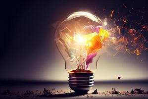 illustration of bright idea for business, education, star up growth, light bulbs on dark background, idea concept photo