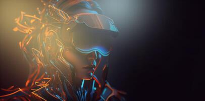 illustration of Metaverse concept and virtual world elements. Side view of human face in augmented or virtual reality headset inside the metaverse photo