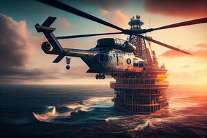 illustration of an offshore oil platform, with a helicopter parked on top of it and a bright flare burning in the background photo