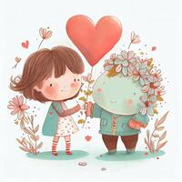 generativo ai ilustración de un adorable y entrañable dibujos animados personaje para San Valentín día, amar, corazones, flores, romance, feliz, alegre, alegre, divertido, juguetón, alegre, dulce foto