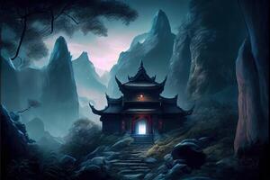 illustration of Fantasy background with mysterious ancient Chinese temple in mountains. Digital artwork. Chinese style. Gaming and art concept. photo